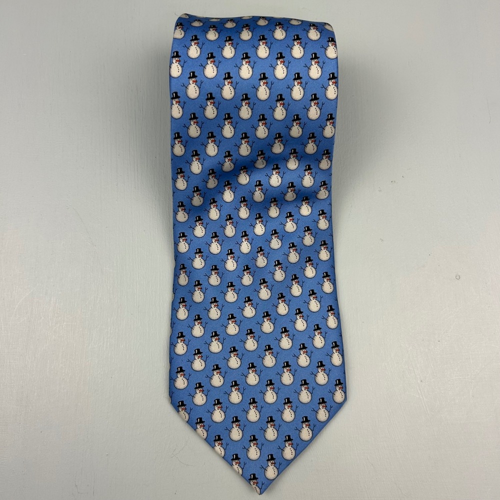 Alynn Mens Snowmen Silk Necktie Blue Holiday Christmas Winter Snow 4 Inch Wide